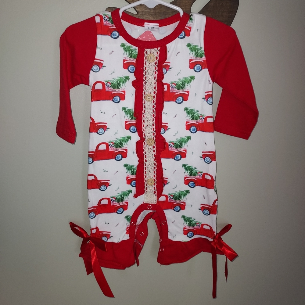 Baby Girl Red Truck One Piece Ruffle Christmas Outift Size 0-3 Months NWT